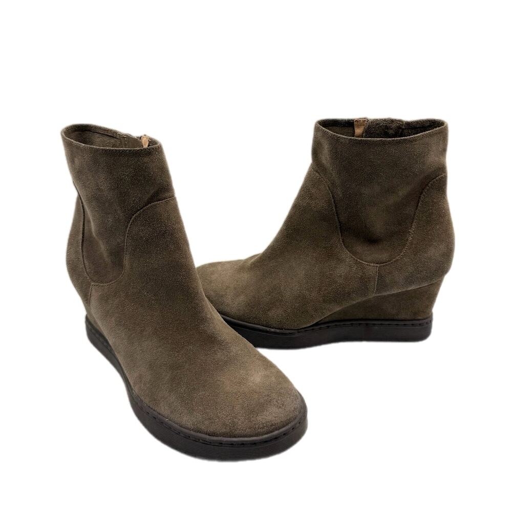 Sofft Shary Waterproof Dark Taupe Wedge Round Toe Suede Leather Ankle Booties